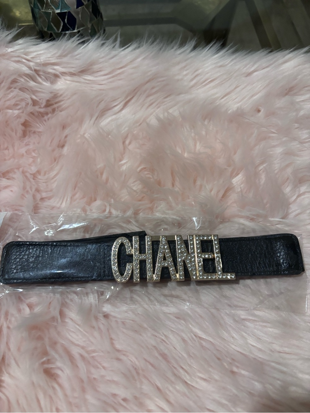 Source Unknown Black Belt with CHANEL Crystal Lettering